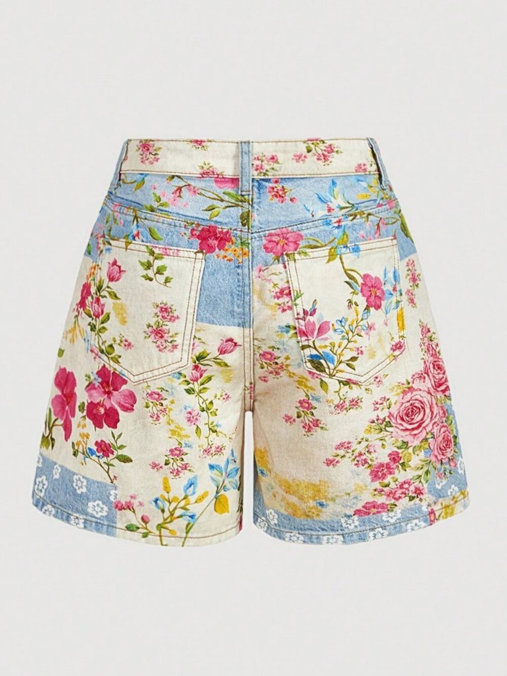 Multicolor Casual Women's Floral Print Denim Shorts - Picture 2 of 4